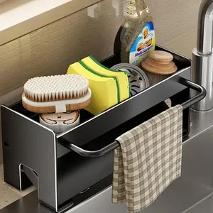 Stainless Steel Kitchen Sink Organizer - Durable Metal Storage with Smooth Self-Draining Tray, Compact Countertop Drying Rack, Utensil Holder, Rag Hanger, Box for Small Kitchen Spaces