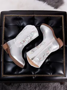 Cute Baby Girl and Boy Sparkly Sequin Jeans Boots, Western Style Mid-Calf Riding Shoes, PU Leather, All Seasons, Silver Color, Kids Shoes