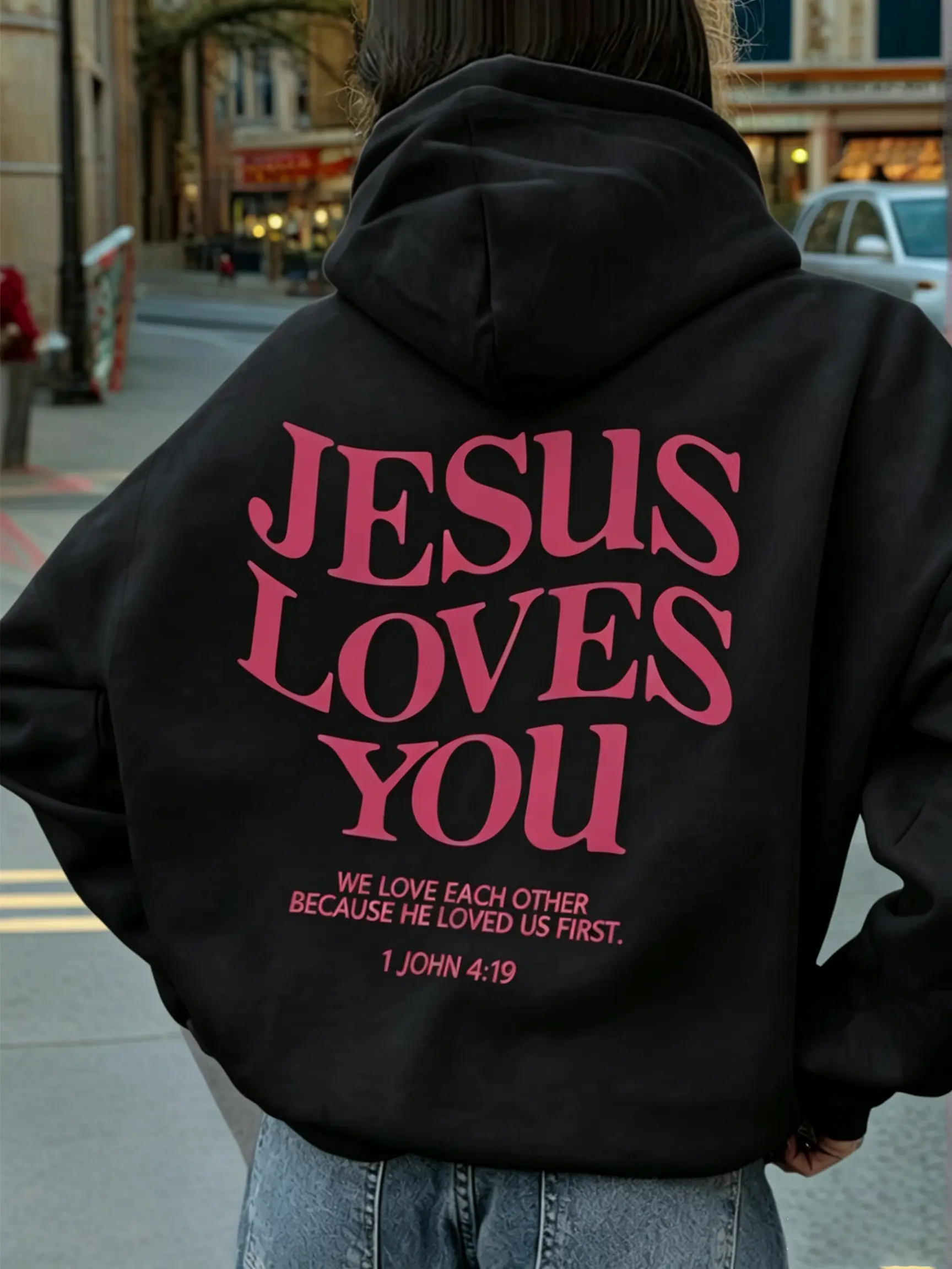 Fashion Hoodies Printed Hooded Sweatshirts，Jesus Loves You 1 John 4:19  Text Oversized Hoodie | Feminine Christian Faith Casual Unisex Sweatshirt Cotton Fabric