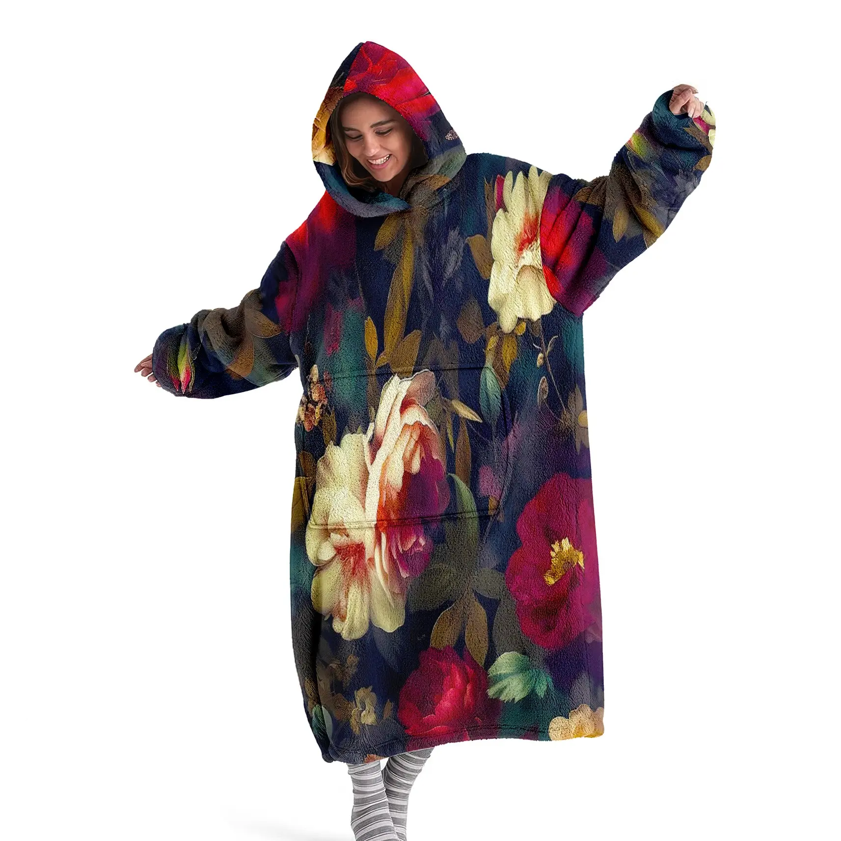 Vintage floral printed hooded wearable blanket, digital printed flannel blanket, soft and warm blanket, Cozy blanket throw, suitable for sofa cover, air conditioning blanket, nap blanket, camping trip, Portable wearable blanket