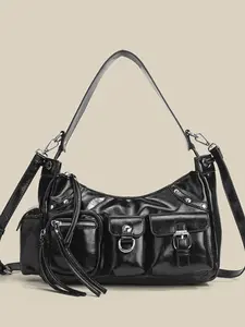 New Cross-Border Multi-Pocket Punk Motorcycle Bag for Women, Unique Design Leather Shoulder Bag, Crossbody Bag, Handbag, Underarm Bag