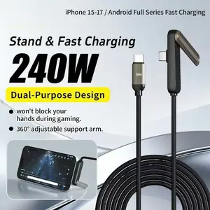 240w Fast Charging Cable With Phone Stand, 2-In-1 Multi-Functional Charging Cord, Invisible Foldable Phone Stand, Ideal for Gaming/Office/Videos/Car Travel,Type-C to Type C,Compatible with Apple8-17pro Max/Samsung/Huawei/Xiaomi