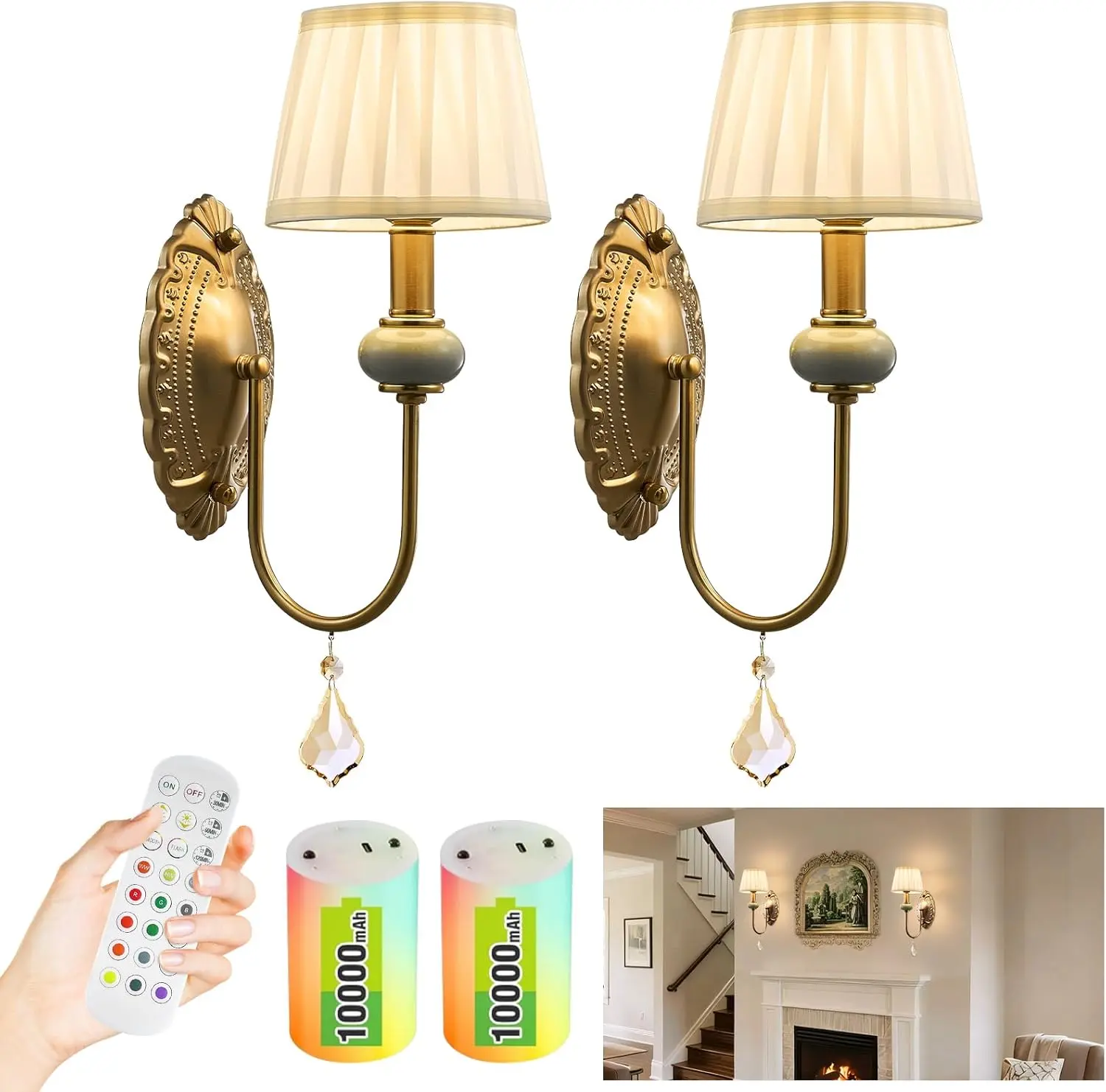 Antique Brass Wireless Wall Sconces Set of 2 with Remote, Dimmable RGB Lights Antique Brass Wireless Wall Sconces Set of 2 with Remote, Dimmable RGB Lights