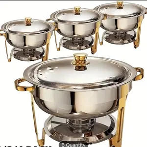 Stainless Steel Chafing Dishes for Buffet 4 Pack 6 QT Round Buffet Set with Gold Handles and Lids