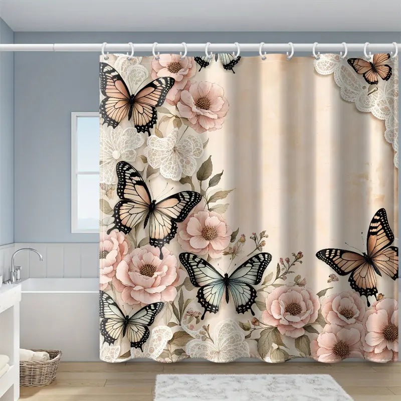 Pink Flower Butterfly Printed Decorative Girly Shower Curtain Floral with Hook, for Windows and Walls, Bathtub Bathroom Shower Curtains Home Decor Shower Curtain, Four Seasons Universal 71x71 inches