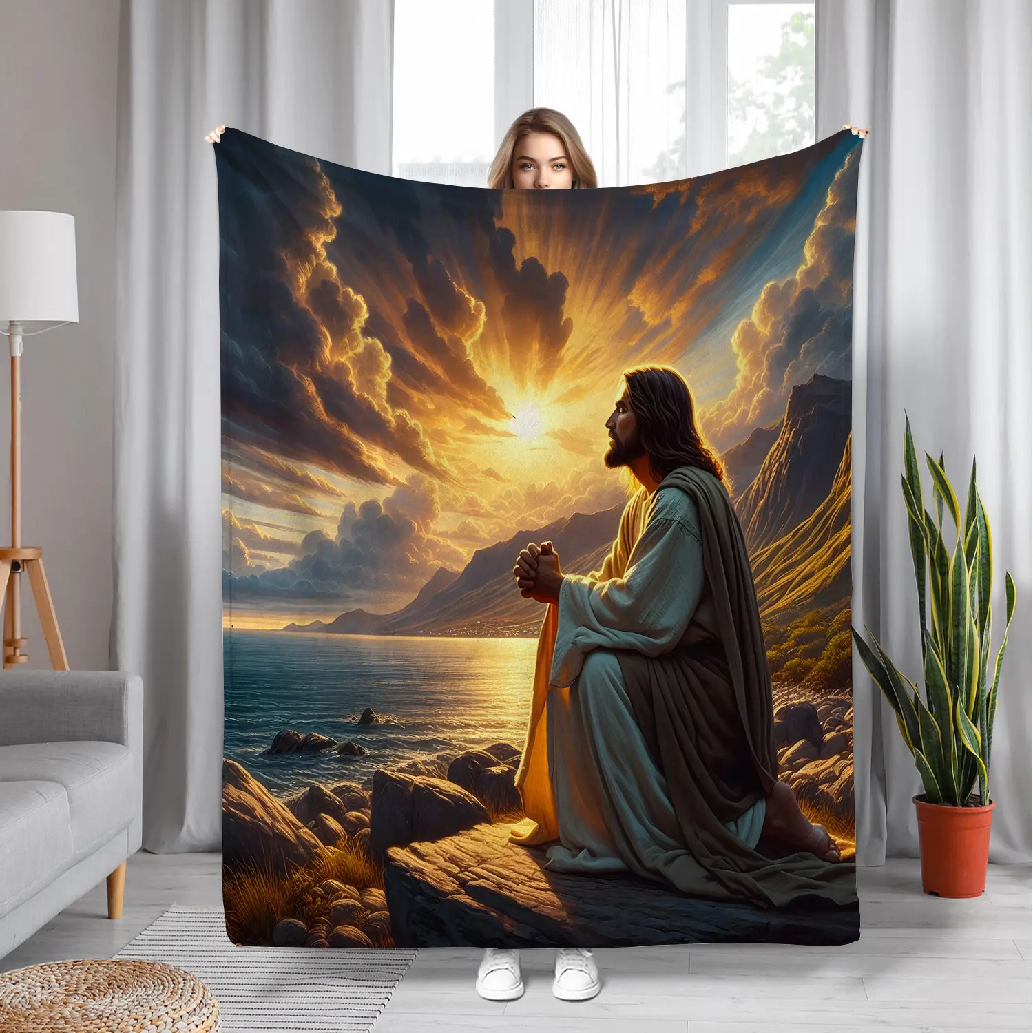 Jesus Prayer Seascape Blanket-Soft Flannel Religious Blanket, 280gsm Heavy Four Seasons Universal Sofa Bed Travel Chapel Decoration, Spiritual Christian Home Gift in Golden Sunset Tone, Modern Seascape Art, Tranquil Design, High Quality Fabric