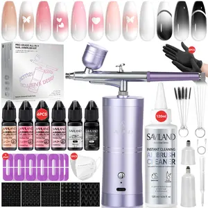SAVILAND 7-in-1 Airbrush Nail Set: 6 Pink Gel Colors with Airbrush Machine, Cleaner, Stencils & Protection Tools, Complete Kit for Quick and Easy Nail Art