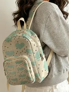 1 piece of heart polka dot pattern 2D printed ladies' backpack with velvet texture + layered storage + light weight reduction | Perfect for students going to class/shopping/short trips | Combines atmosphere with practicality