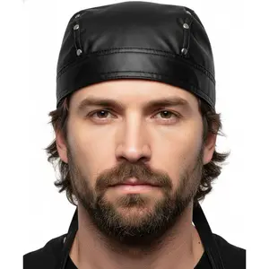 Adjustable Punk Leather Head Wrap | Women’s Men’s Black Studded Bandana Cap with Stitching | Motorcycle Biker Club Style Adjustable Tie Back Bandana