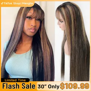 [30” Only $109.99] Menglle Hair Honey Blonde highlight 13x4 Long Straight With Bangs Glueless Human Hair Lace Front Wig Burgundy Silky Straight Lace Wig Easy Wear 180% Density#greenish#TikTokShopSpringGlowUp