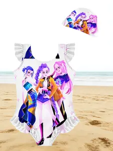 Summer Girl Swimwear Set, Colorful Printed One-Piece Swimsuit + Swimming Cap, Casual Fitted Sleeveless Design, H-Type Silhouette