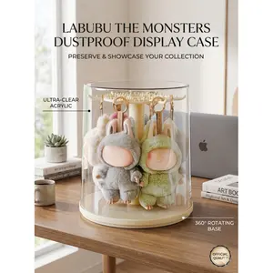 Heavy-Duty Acrylic Blind Box Display Case | 360-degree Silent Rotating Organizer with Hooks | Dustproof Art Toy Showcase for Pop Mart & Sonny Angel