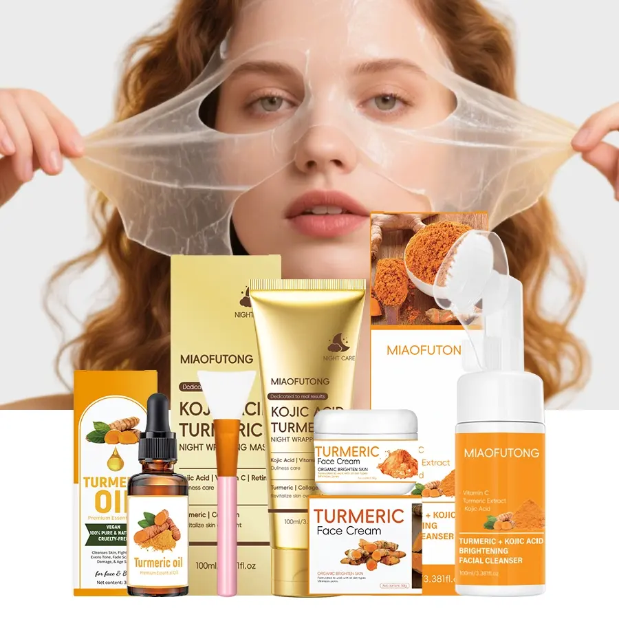 4 piece turmeric Aloe facial care set, Skin care kit, including cleansing mousse, Cleanser, facial essence oil, face cream, four step set for cleaning, Hydrating and moisturizing skin, suitable for turmeric facial care in autumn and winter