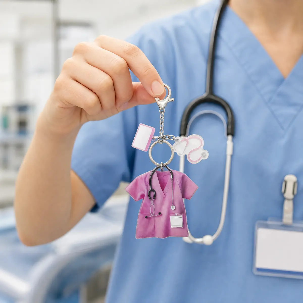 Scrubs Shape Nurse Keychain - Large Acrylic Pendant with Stethoscope Charm, Stylish Fashion Accessory for RNs, Organizes Keys for Daily Use