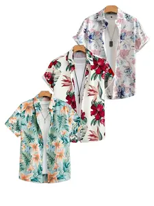 3pc Men's Hawaiian Tropical Floral Vacation Shirts, Beach Pool Party Casual Wear, Summer Cool Fitted Chiffon, Short Sleeve Collared Design