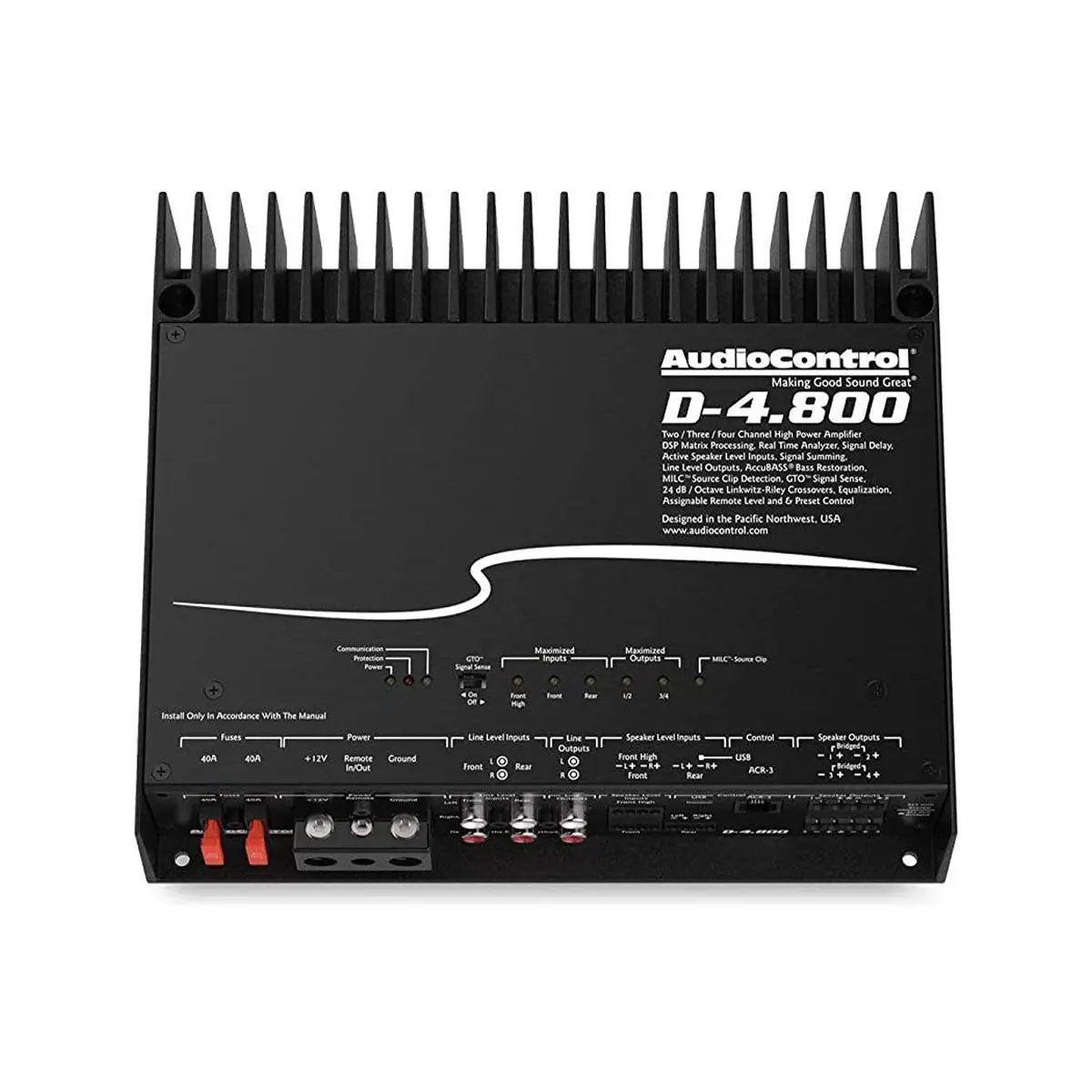 AudioControl D-4.800 DSP Equipped 4-Channel Car Amplifier - DSP & Matrixing Feature, 2 Ohms, 30-Band Graphic EQ, All-Aluminum Chassis for Stereo Car Audio Audiophile Systems