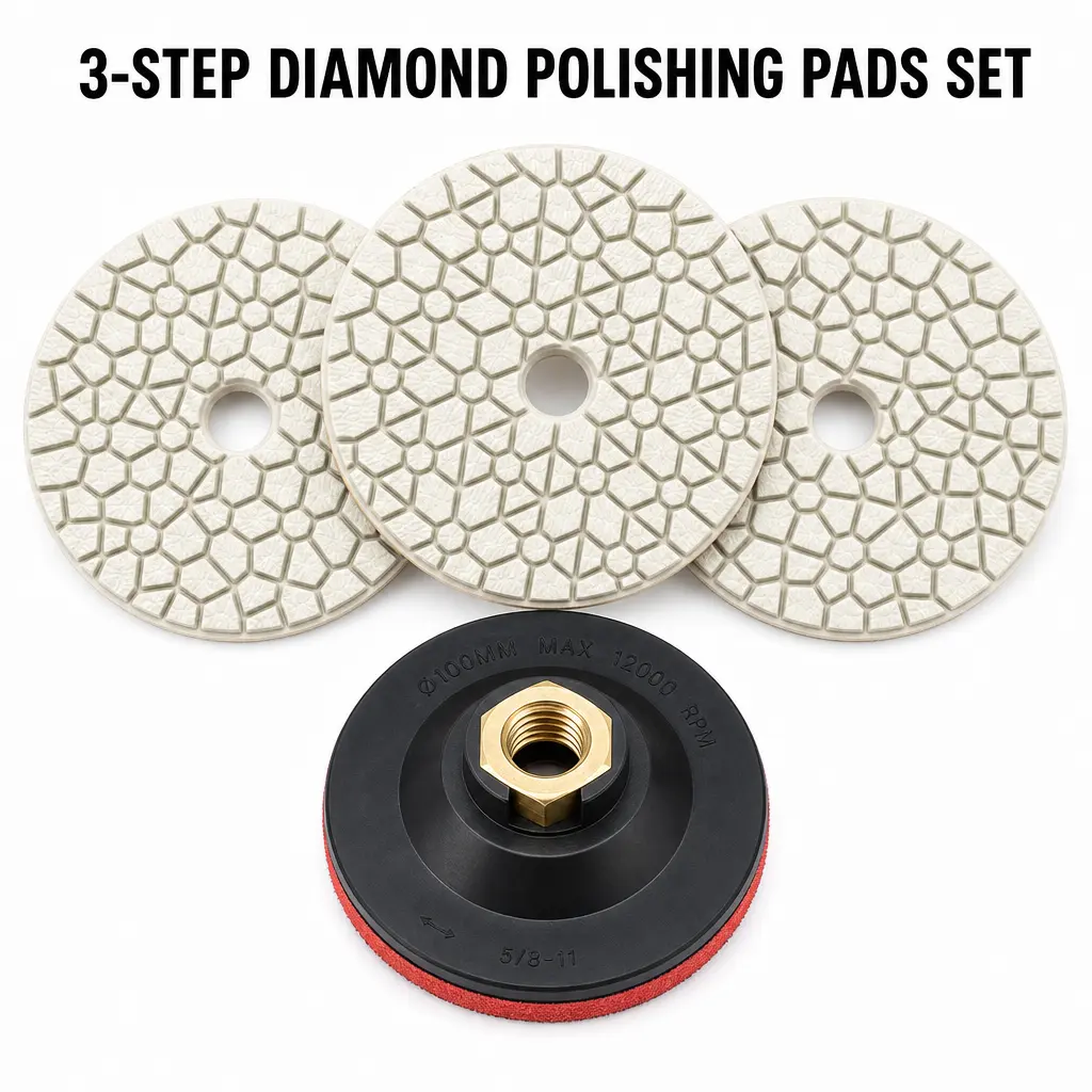 Diamond Polishing Pads, 4-Inch 3-Step Dry Multi-Grit Set (4Pcs, 1-3 Grit) - "White Flower" Resin Polisher, 12000RPM Rigid 5/8"-11 Backer Pad for Granite, Concrete, Quartz Countertops