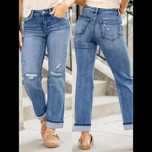 Women's Stretch Front Ripped, Trendy and Fashionable Fitted Jeans with Rolled-up Cuffs for All Seasons