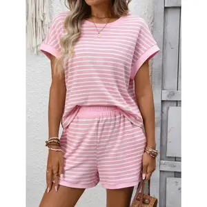 2026 summer new round neck splicing short-sleeved shorts fashionable and casual two-piece suit