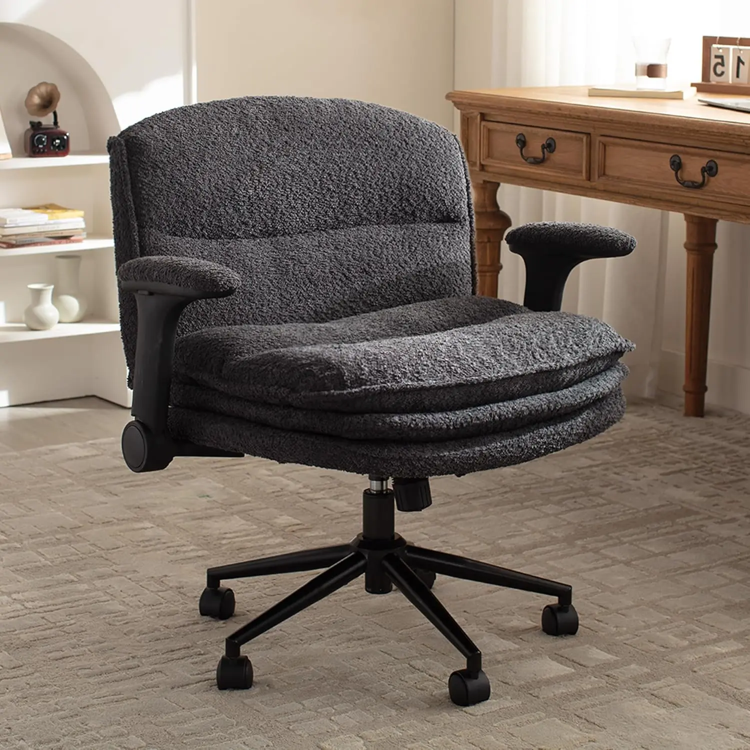 [DealsForYouDays] Extra Large Criss Cross Chair, Oversized Chair with Adjustable Flip-up Arms and Wheels, Comfort Ergonomic Office Desk Armchair with 3 Layer Cushions, Wide Seat Vanity Chair for Home Office, Living Room, Bedroom,dorm essentials,home decor
