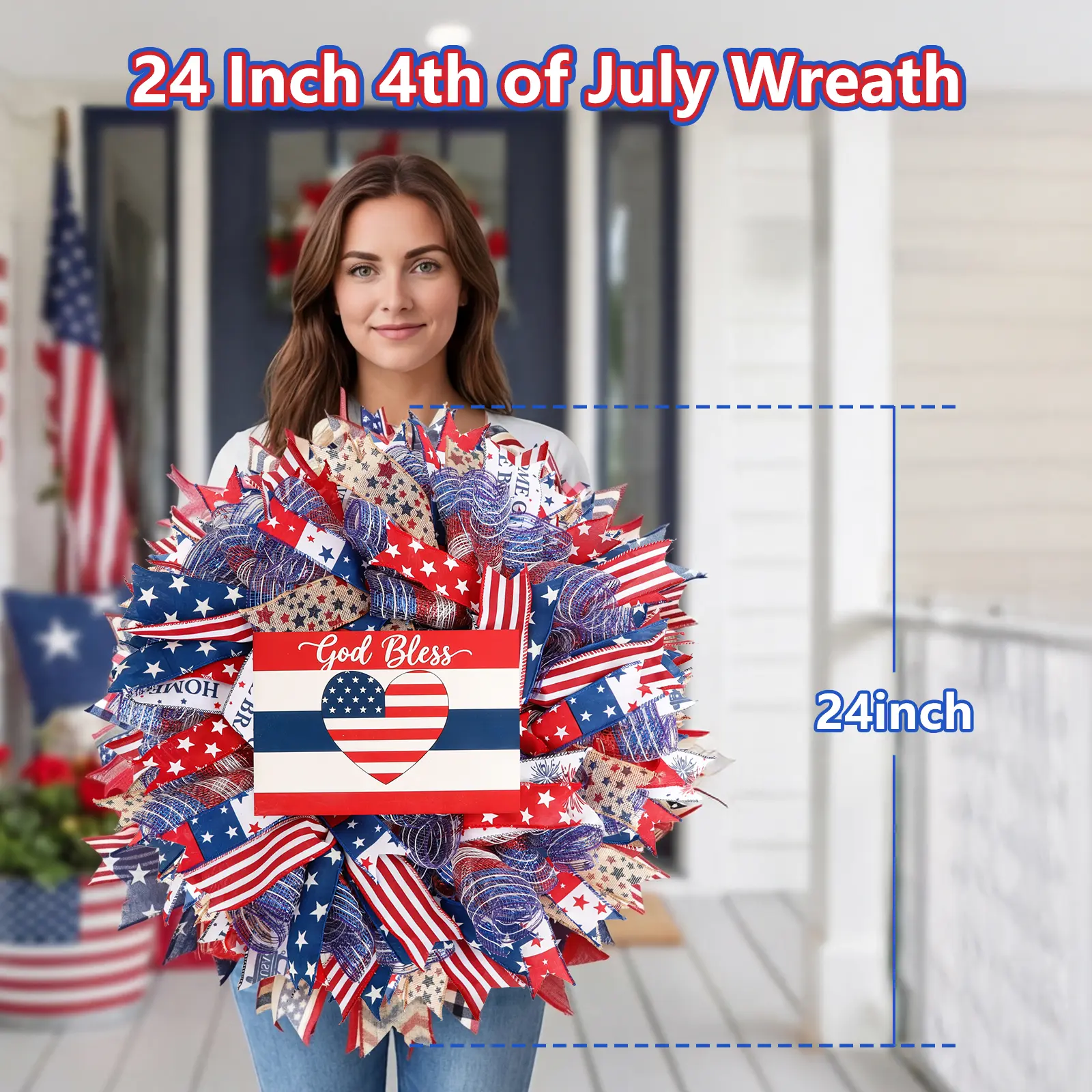 Red White Blue Festive Patriotic Wreath, 24 Inch 4th of July Striped Star Wreath for Independence Day Decor