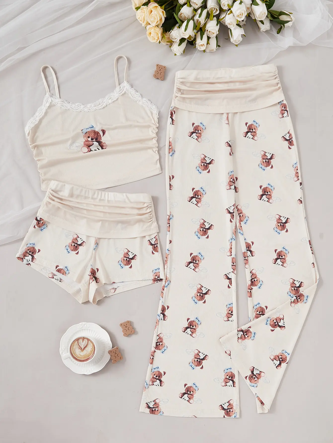 Women's 3-Piece Cute Bear Print Pajama Set with Spaghetti Strap Cami, Pleated Shorts & Flared Pants, Comfy Loungewear Sleepwear, Clothes, Sleeveless, Fabric, Pajama Sets Women, Cute Sets For Women