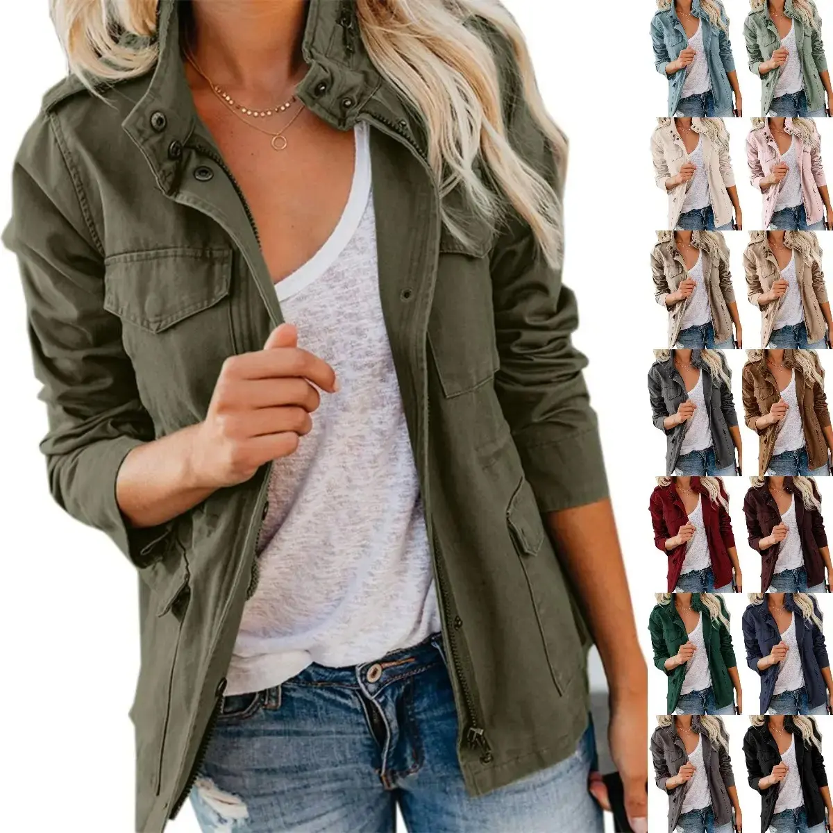 Women's military Anorak jacket zipper snap Parka Safari multifunctional jacket with pockets