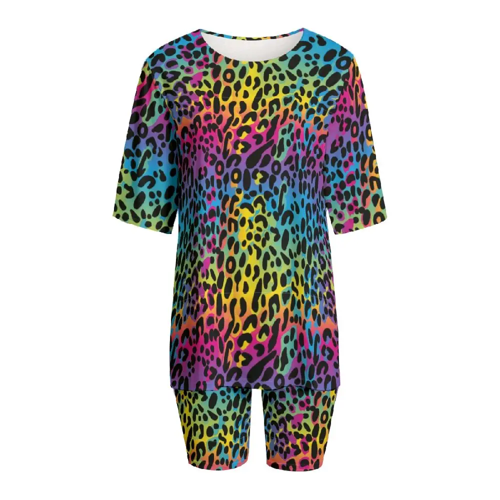 Women's Plus Size 2-Piece Rainbow Leopard Lounge Set - Womenswear Lisa Frank Inspired Biker Short & Top Matching Outfit