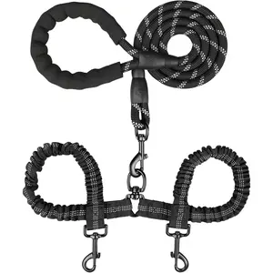 Double Dog Leash, Dual Dog Leash, 360° Swivel Tangle Free Bungee Walking Training for Large Medium Dogs, Shock Absorbing Bungee Reflective for Two Dogs, 18~120 lbs, Black
