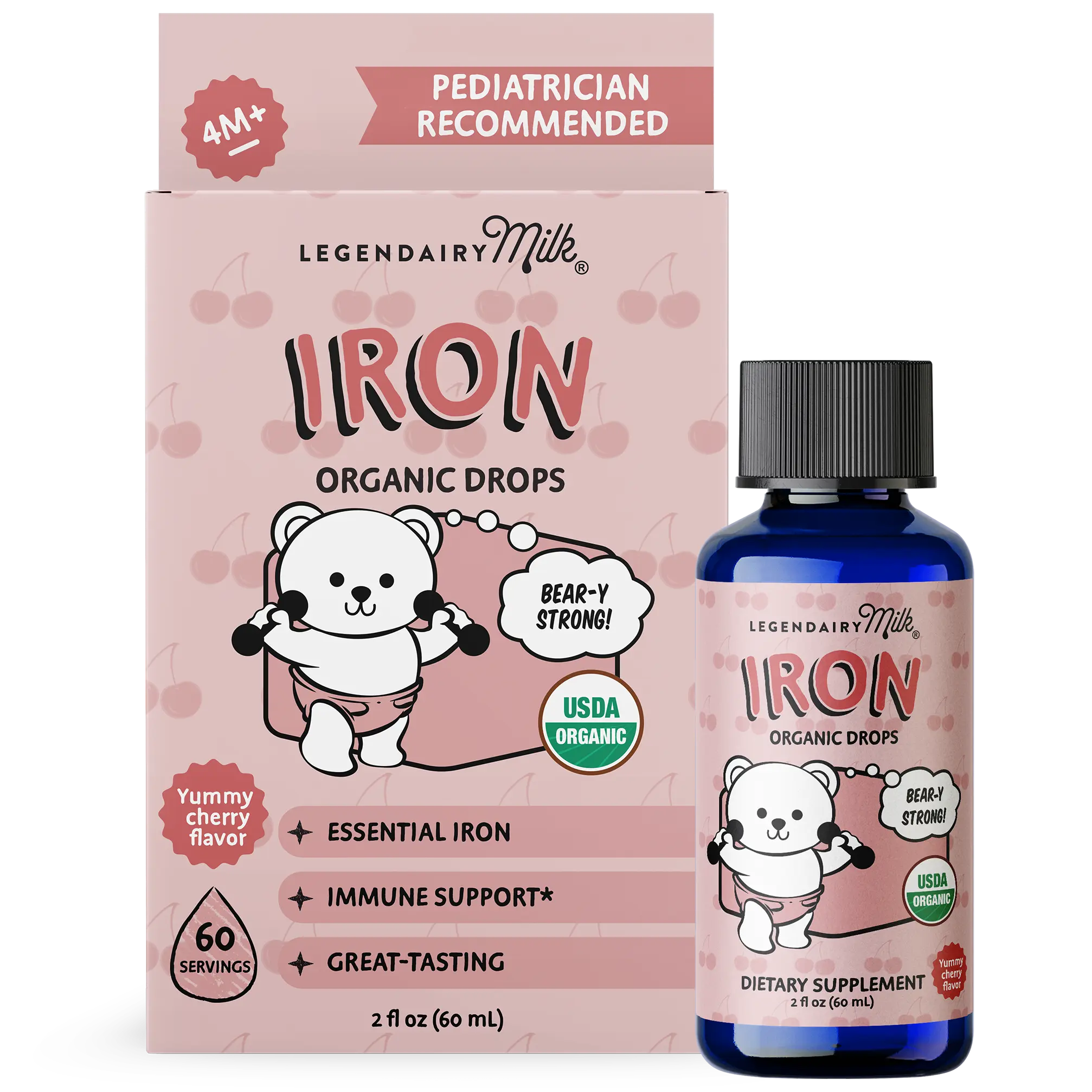 Organic Liquid Iron Supplements - Baby and Toddler - Legendairy Milk - Sugar Free - Ages 4 Months to 3 Years - Cherry Flavor - 60 Servings