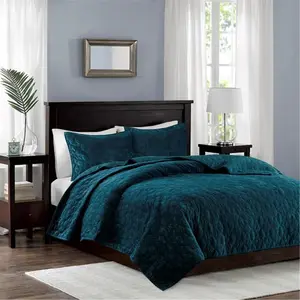 212 MAIN Harper Velvet 3-Piece Coverlet Set - Modern Bedding Set with Velvet Cloth, Geometric Stitch, Quilted Look, Soft Bedding, Teal, King & Cal King Sizes