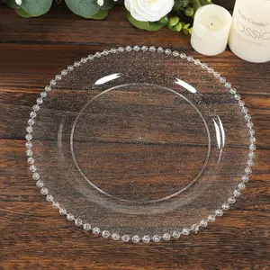 10-Pack Plastic Round Dinner Plates 10" Clear Silver Glittered with Beaded Rim - Disposable Party Plates