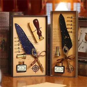 Vintage Style Magic Gem Feather Pen Set, Writing Set, Vintage Ink Bottle with Wax Seal Kit & Ink, Birthday Gift Set, Includes Beautiful Gift Box, Writing Stationery