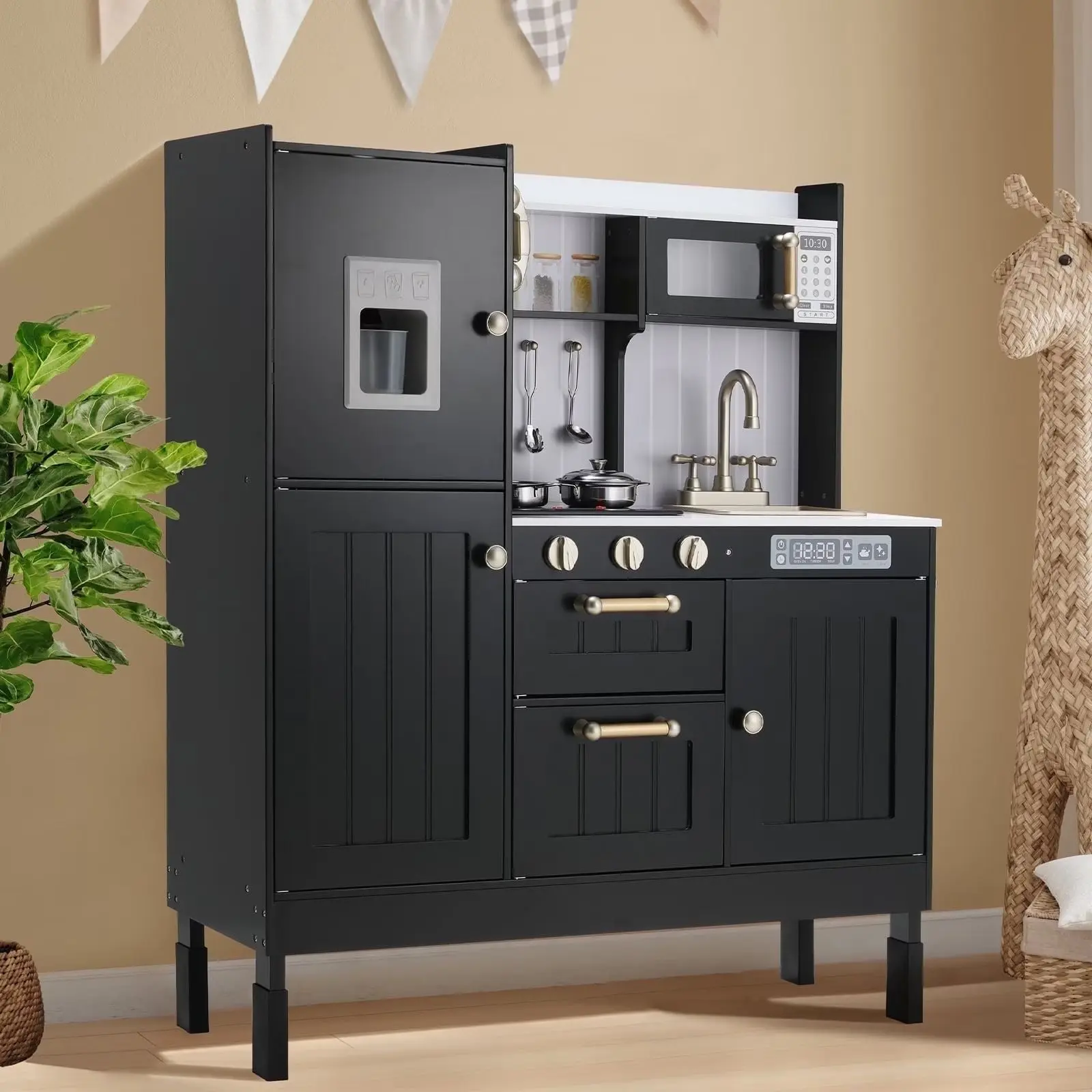MAMIZO Kids Play Kitchen, Wooden Interactive Toy Toddler Kitchen Sets, Sturdy Pretend Cooking Playset with Storage & Accessories, Realistic Light & Sound, Stove, Fridge, Microwave, Removable Sink