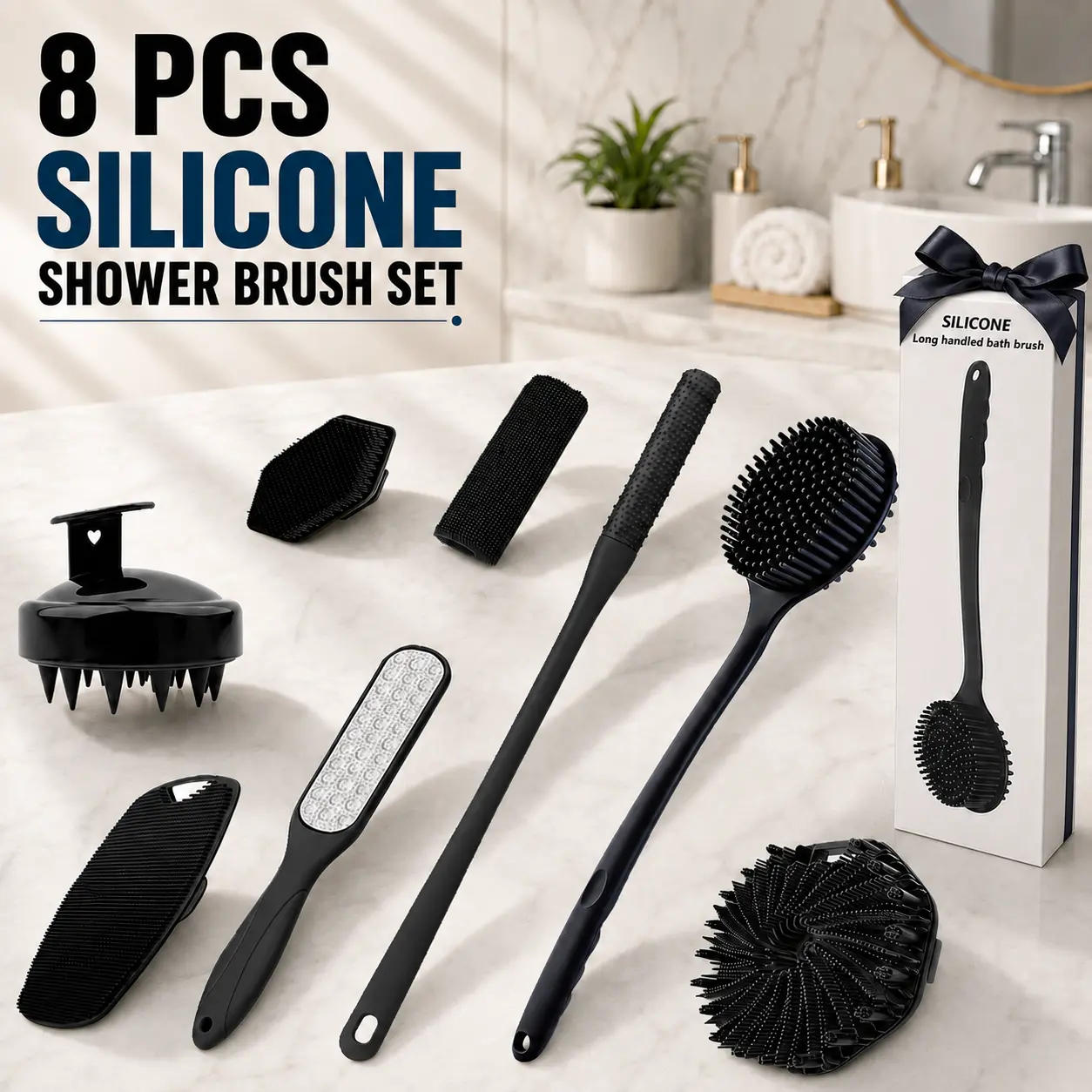 8-Piece Bath and Body Shower Brush Gift Set with Gift Box, Silicone Back Scrubber, Scalp Shampoo Brush, Face and Body Cleansing Pads, Exfoliating Body Scrubber, Foot Care Tools, Home Spa Self-Care Gift back applicator