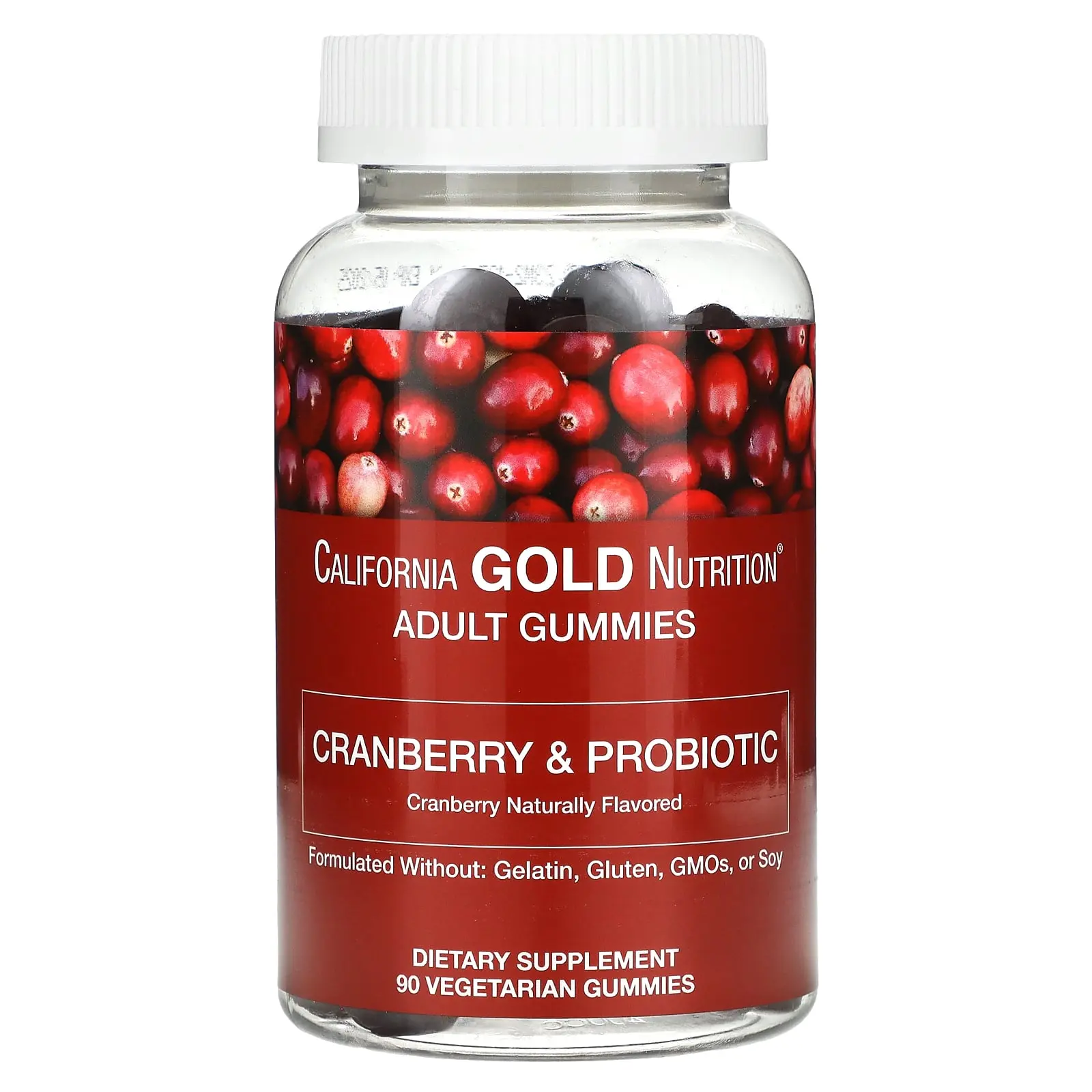 California Gold Nutrition Cranberry & Probiotic Gummies with Cranberry Concentrate, Fructooligosaccharides and Bacillus coagulans, Natural Cranberry, 90 Vegetarian Gummies