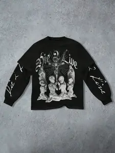 Men's Fall Winter Street Casual Style American New Two-Piece Vintage Graphic Angel Jesus Distressed Round Neck Long Sleeve Streetwear Sweatshirt, Comfortable and Fashionable