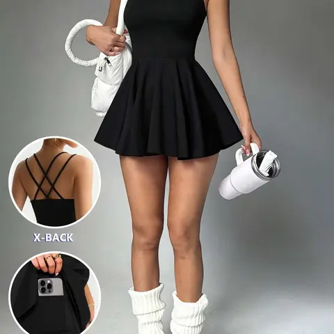 Sports cross stitch back seam pleated multi-layer closure sportswear, sports dress, casual sportswear, Sleeveless Sports Dress, Solid Sports Dress, Workout Athletic Dresses, Sleeveless Sporty Dress
