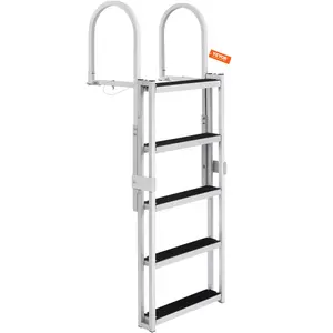 【Summervibes】VEVOR Dock Ladder, Retractable 5 Steps, 350 lbs Load Capacity, Aluminum Alloy Pontoon Boat Ladder with 66.9''-78.9'' Adjustable Height, 4'' Wide Step & Rubber Mat, for Ship/Lake/Pool/Marine Boarding