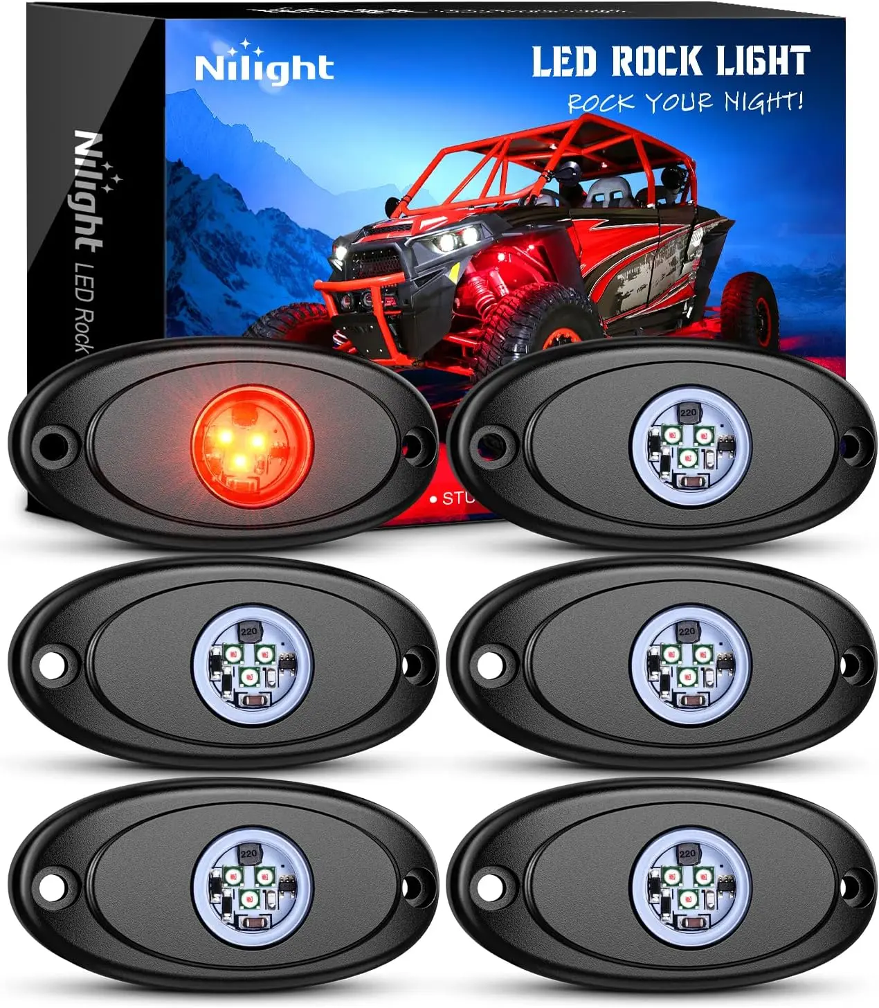 Nilight 6PCS Multifunctional Car LED Rock Lights, Waterproof Off Road Under Body Wheel Well Decorative Lights for Trucks, SUVs, Off Road Lights
