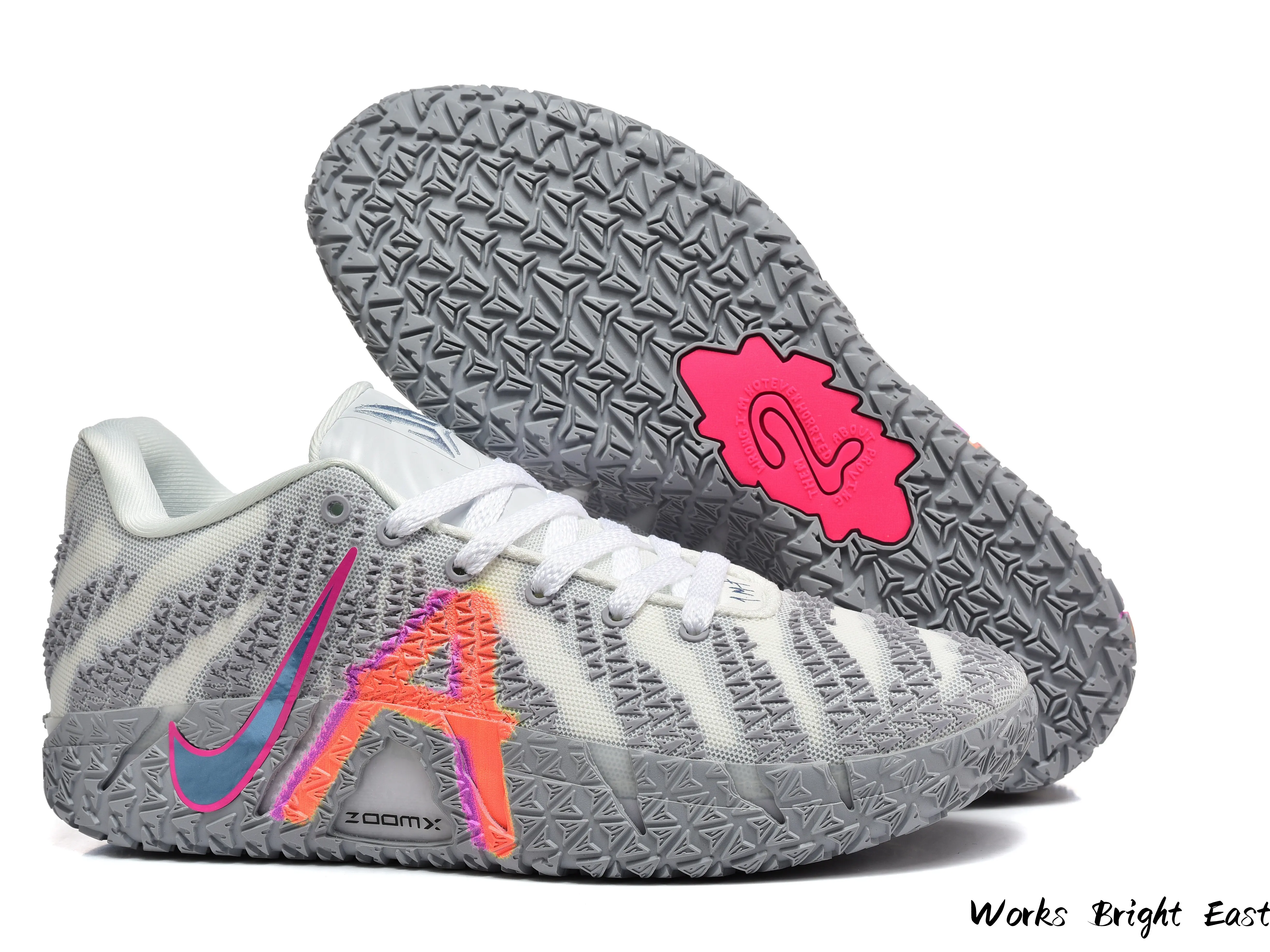 Gray and White Low-Top Basketball Sneakers with Gradient Graffiti Overlay and ZoomX Cushioning