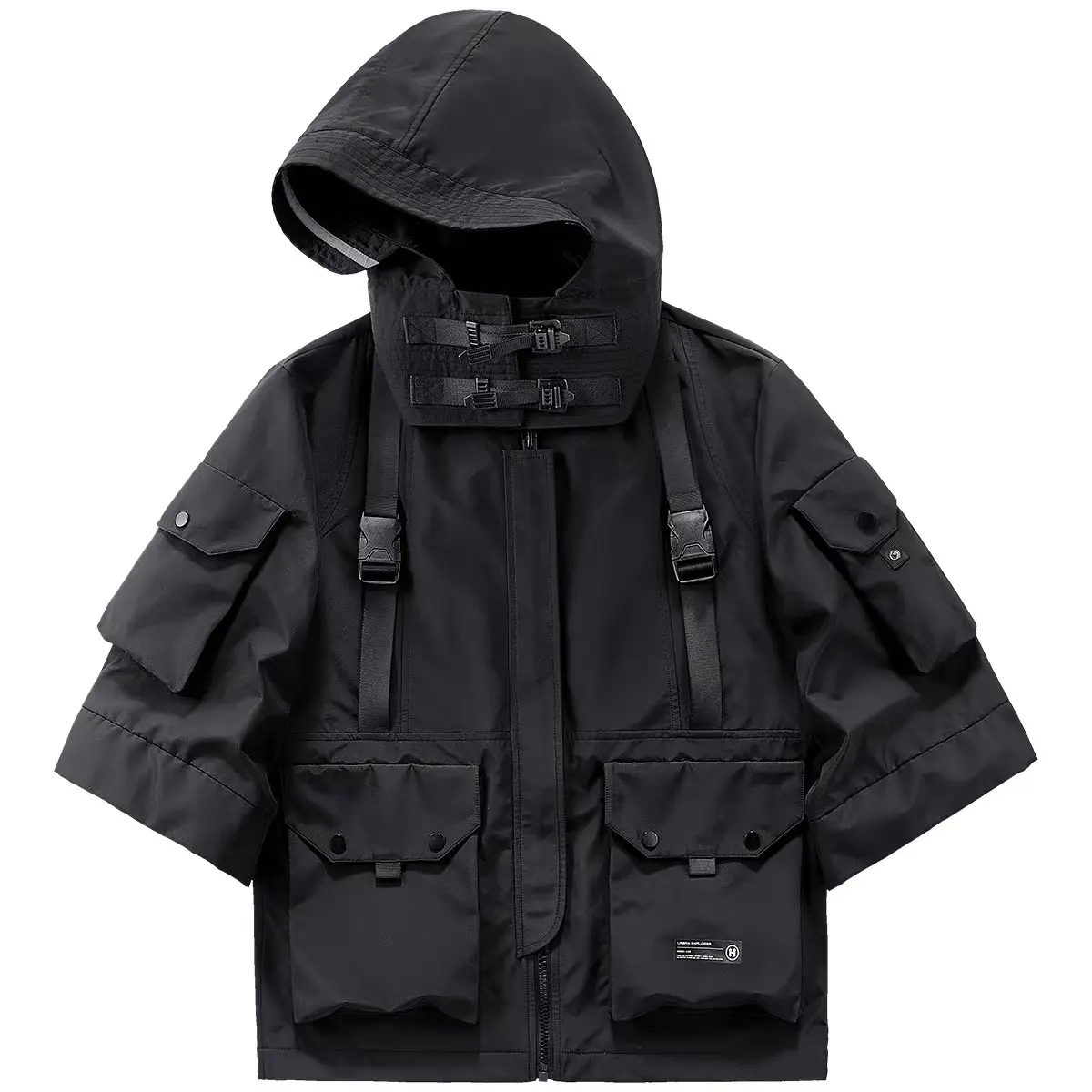 Ibj169 Niepce Black Techwear Fashion Short Sleeves Jacket with Hoodie Fall Winter Outerwear Fall Winter Clothing