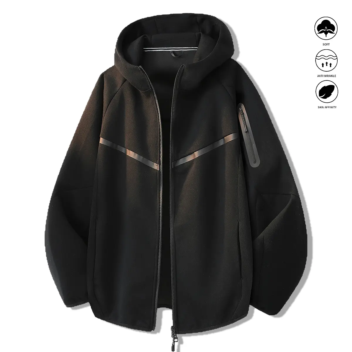 Men’s Loose Soft Plain Long-Sleeve Zip-Up Hoodie with Sleeve Cuffs and Pockets, Menswear Tops Sweatshirts for Autumn Casual Sports Wear