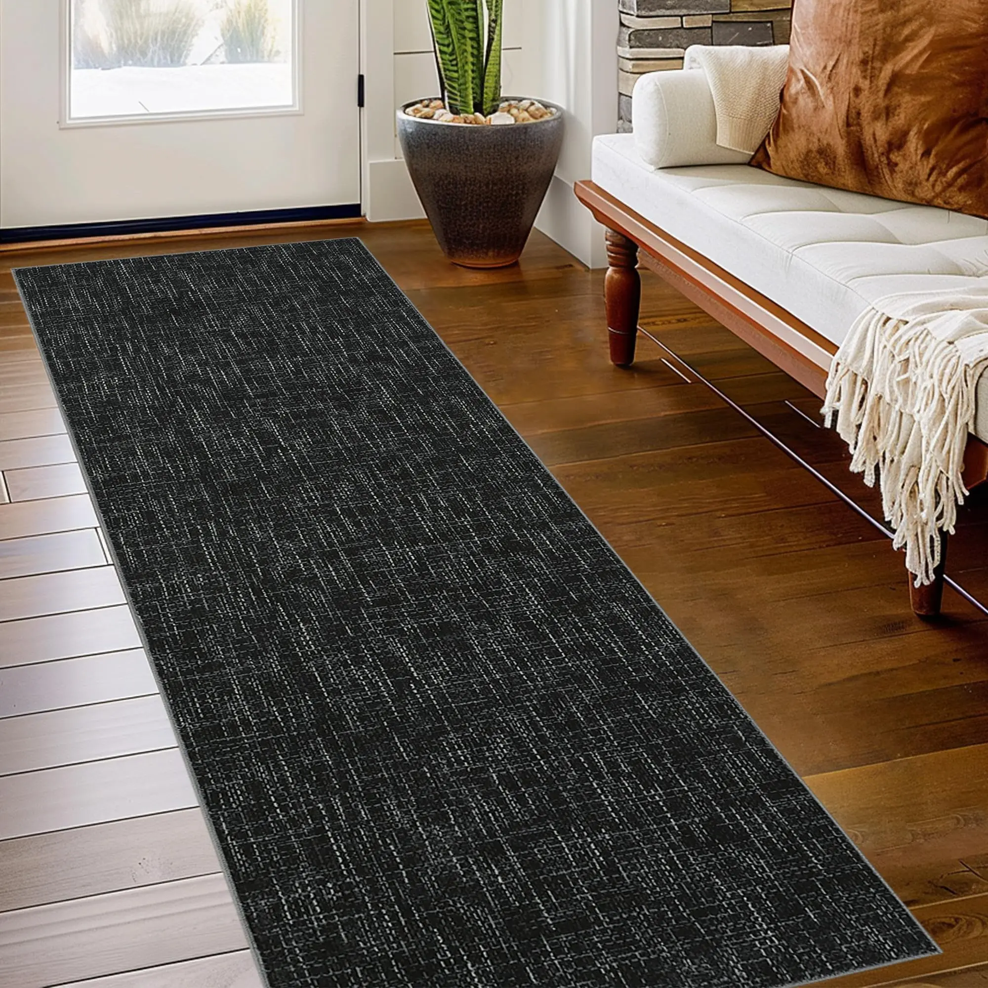 GARVEE Modern Runner Rug 2x6 Hallway Runner Rug Indoor Soft Entryway Runners Ultra-Thin Low Pile Floor Mat Solid Print Kitchen Rug Runner for Laundry Bedroom Farmhouse Non Slip Long Rug Black