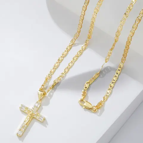 Women's 14K Gold Plated Cubic Zirconia Jesus Cross Crucifix Pendant Necklace - 23.62in (60cm) Copper Figaro Chain, Lightweight & Comfortable Layering Unisex Catholic Jewelry for Daily, Holiday Wear