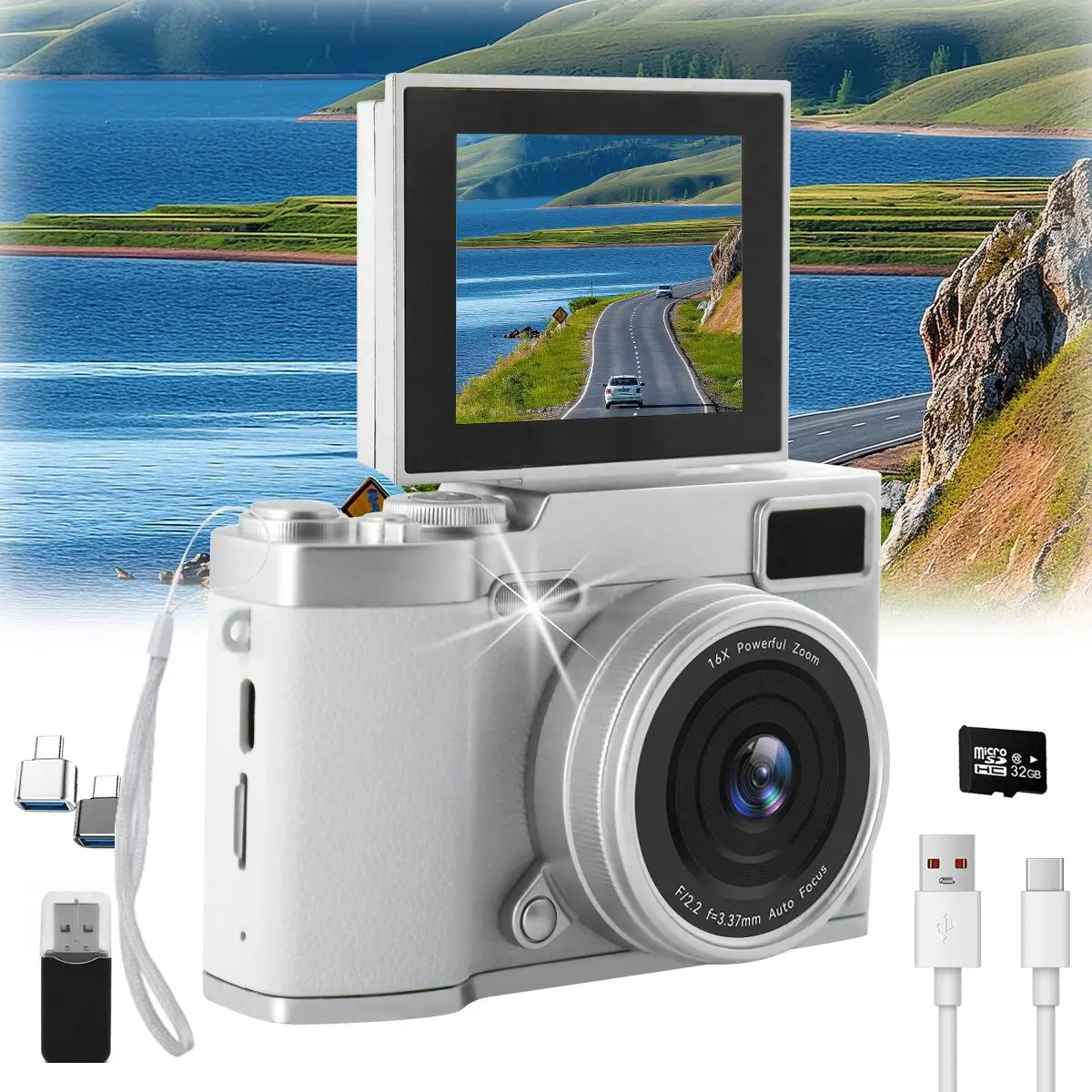 Portable Compact Retro CCD Digital Camera with Foldable Screen, Built-In Card, 48MP High Resolution, 1-LED, 16x Beauty Smoothing Optical Zoom, Entry-Level Festive Gift for Teenagers (Birthday, Christmas)