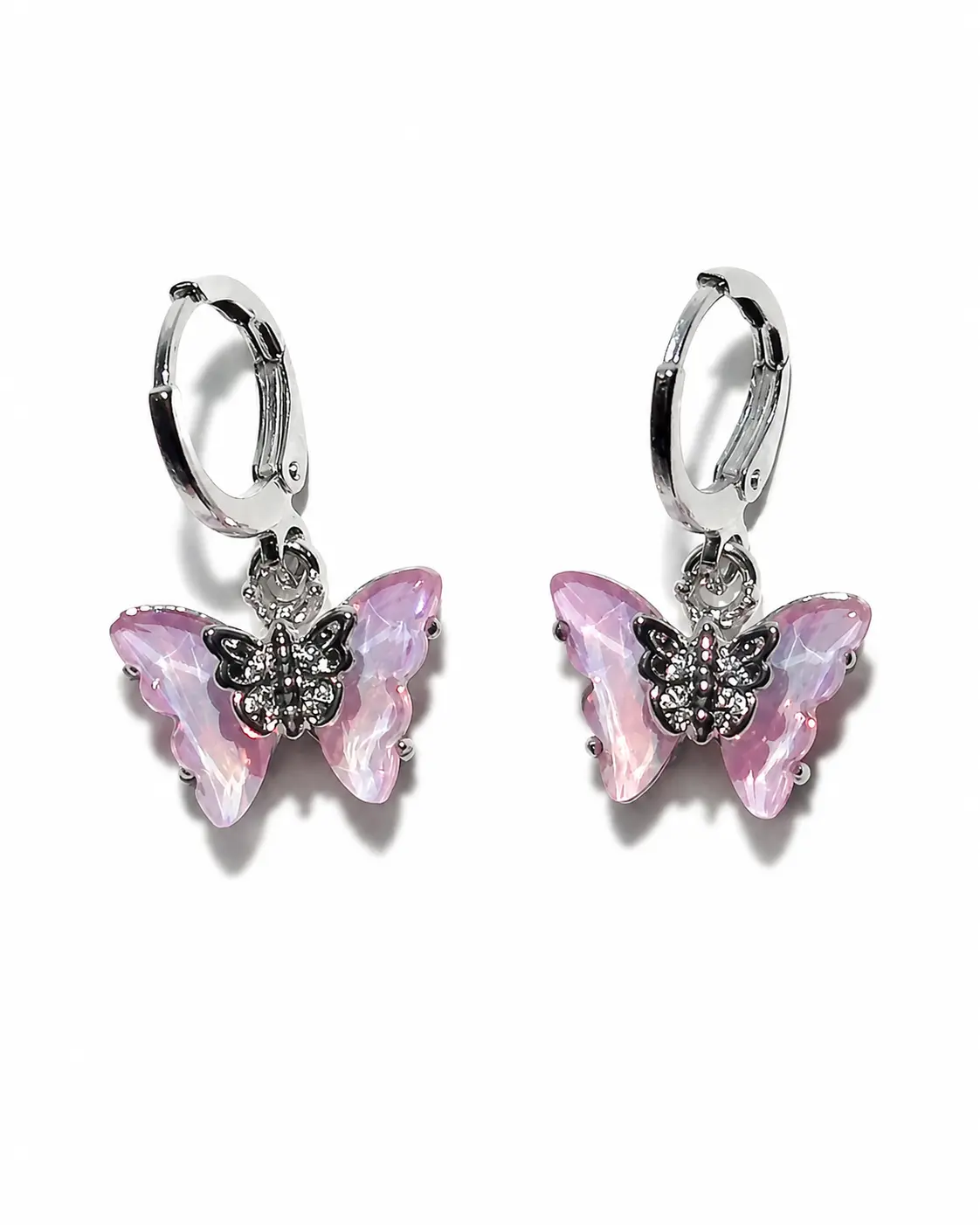 Pink Iridescent Butterfly Hoop Earrings - Y2K Silver Dangle Earrings, Sparkly Light-Catching Butterfly Jewelry