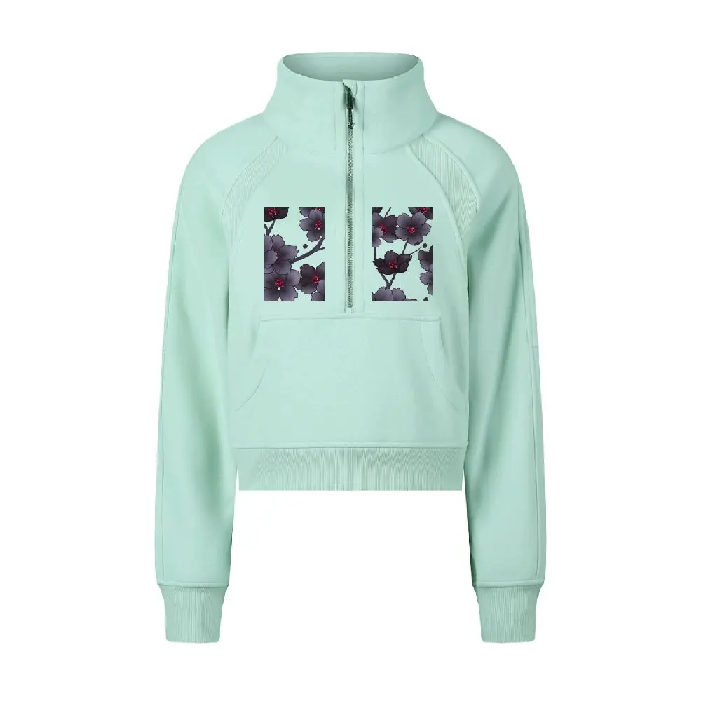 Floral Graphic Design Half Zip Up Sweatshirt for Ladies in Mint Green with Side Pockets