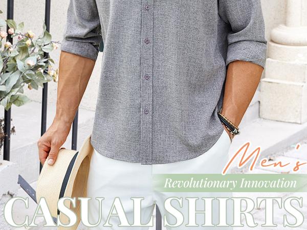 COOFANDY Men's Long Sleeve Button Down Linen Shirt Casual Untucked Chambray Shirt Wrinkle Free Wedding Shirts Collar Menswear Minimalist Outfit Top