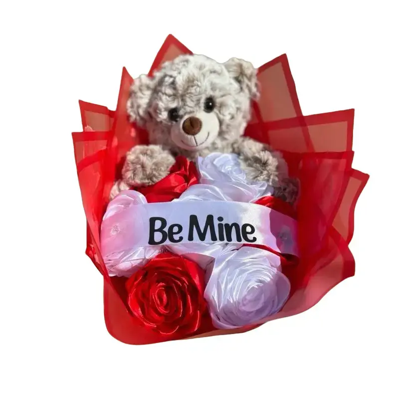 Eternal Rose Bouquet with Teddy Bear and Red Roses, "Be Mine" Tag, Ideal for Gifting and Celebrating Special Occasions Glitter Artificial